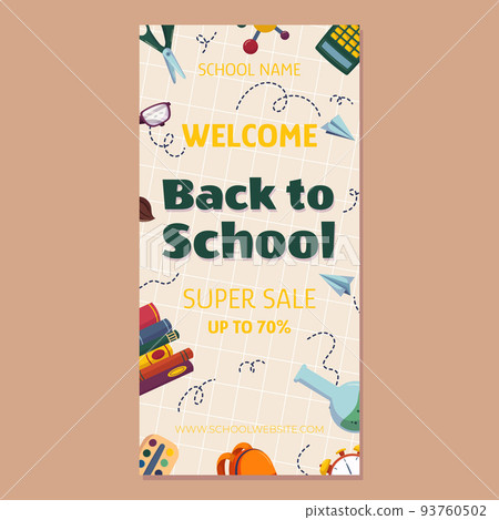 Colorful back to school sale offer vertical banner template with different studying supplies - books stack, paint palette, bag alarm glasses paper airplane. Vector illustration design with copy space 93760502