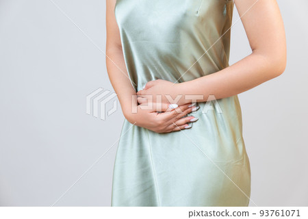 Menstrual pain, woman with stomachache suffering from pms , endometriosis, cystitis and other diseases of the urinary system 93761071