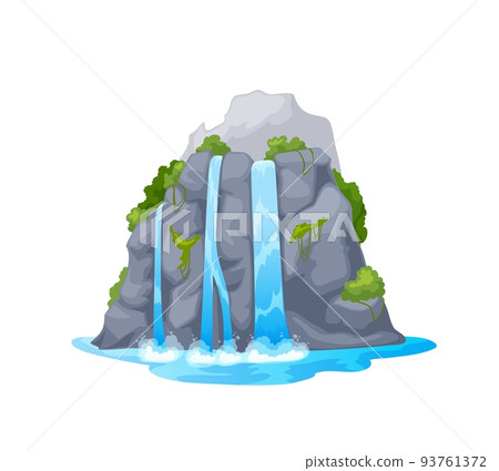 Natural park cartoon water cascade, isolated mountain waterfall. Island water cascade, natural water flow travel background or river waterfall clean stream vector game asset with trees on rocks 93761372