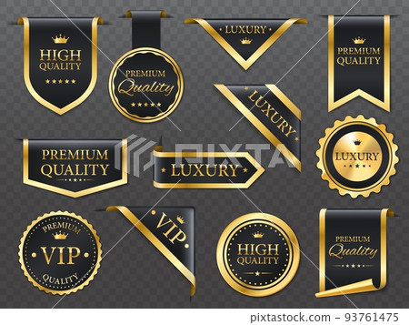 Premium, luxury golden labels, banners and ribbon corners, vector premium quality badges. Luxury tags and VIP product gold emblems or sticker seals with premium quality star and crown on silky ribbon Premium, luxury golden labels, banners and ribbon corners, vector premium quality badges. Luxury tags and VIP product gold emblems or sticker seals with premium quality star and crown on silky ribbon 93761475