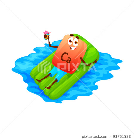 Cartoon calcium micronutrient character on air mattress. Vector Ca pill with cocktail Relax on floater in swimming pool or sea. Vitamin personage relax on tropical resort, happy ocean vacation 93761528