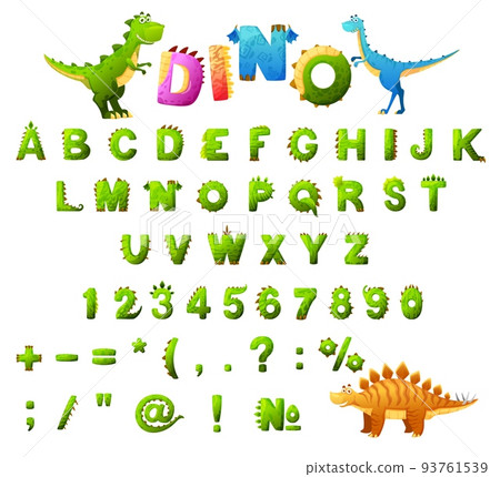 Dinosaur font typeface, cartoon dino alphabet letters, vector ABC type. Kid jurassic dinosaurs cute animals in green dino font typeface, children typography with T-rex tyrannosaurus, velociraptor Dinosaur font typeface, cartoon dino alphabet letters, vector ABC type. Kid jurassic dinosaurs cute animals in green dino font typeface, children typography with T-rex tyrannosaurus, velociraptor 93761539