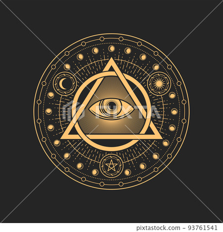 Prediction eye, occult and esoteric tarot magic symbol with pentagram ethnic amulet. Vector occultism holistic vision sign, tribal chakra, all seeing eye Prediction eye, occult and esoteric tarot magic symbol with pentagram ethnic amulet. Vector occultism holistic vision sign, tribal chakra, all seeing eye 93761541