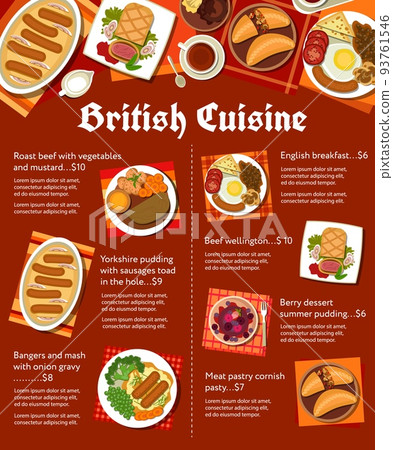 British cuisine restaurant meals menu page. Beef Wellington, Yorkshire pudding and cornish pasty, roast beef, berry dessert summer pudding and English breakfast, bangers, mash with onion gravy 93761546