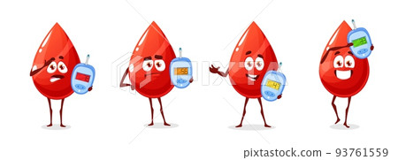 Diabetes characters, cartoon blood drops with glucometer for meter sugar level, vector personages. Heart with glucose test for insulin check, happy, normal and high sad hearts with diabetes glucometer Diabetes characters, cartoon blood drops with glucometer for meter sugar level, vector personages. Heart with glucose test for insulin check, happy, normal and high sad hearts with diabetes glucometer 93761559