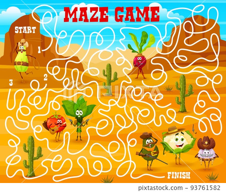 Labyrinth maze game. Help to sheriff and rangers to find a bandits and robbers. Kids labyrinth maze quiz vector worksheet with cartoon spinach, tomato and avocado, beet and zucchini, garlic cowboys 93761582