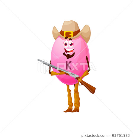 Cartoon vitamin K ranger character. Funny vector western horseman with rifle. Chemical element, food supplement bubble cowboy or bandit with gun. Wild west armed personage wear hat, fantasy texas hero 93761583
