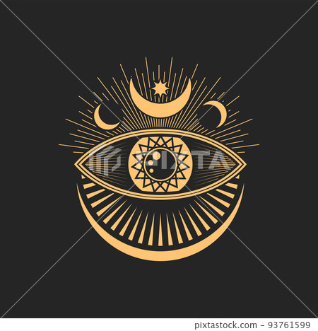 Occult eye and moon, pentagram and sun rays isolated tattoo esoteric symbol, magic tarot sign. Vector sacred occultism talisman, esoteric icon Occult eye and moon, pentagram and sun rays isolated tattoo esoteric symbol, magic tarot sign. Vector sacred occultism talisman, esoteric icon 93761599