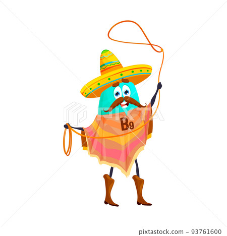 Cartoon vitamin B9 mexican cowboy character. Funny vector folic acid western robber spinning a lasso. Wild west personage wear sombrero hat, poncho and boots with rope. Texas hero bandit Cartoon vitamin B9 mexican cowboy character. Funny vector folic acid western robber spinning a lasso. Wild west personage wear sombrero hat, poncho and boots with rope. Texas hero bandit 93761600