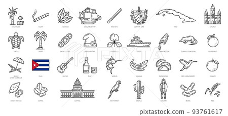 Cuba outline icons, travel landmarks and attractions vector symbols. Cuba flag and map with coat of arms, Capitol and food, animals, Havana sightseeing, culture and traditions line icons 93761617
