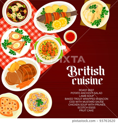British cuisine menu page cover. Cod with mustard sauce, chicken soup with prunes and baked trout wrapped in bacon, roast beef, fruit cake and potato anchovy salad, Scotch eggs, lamb soup 93761620