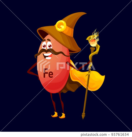 Cartoon ferrum or iron micronutrient wizard character. Isolated vector Fe warlock funny food supplement. Nutrient or element bubble mage, capsule personage wear witch hat, cape holding staff in hand 93761634