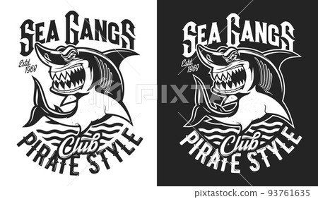 Angry shark mascot, diving sport club t-shirt print. Vector emblem of pirate team t-shirt, fishing or marine adventure. Sea monster ocean predator shark t shirt print, monochrome design 93761635