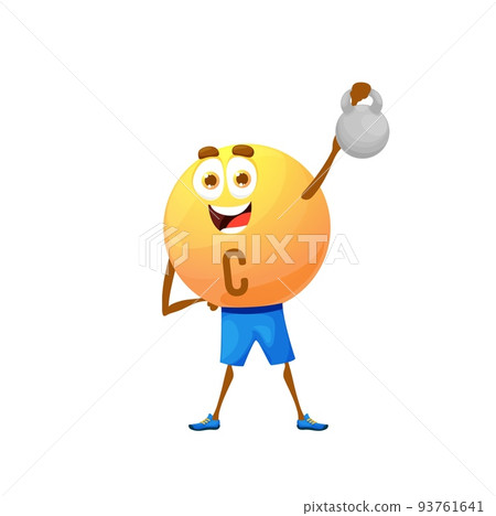 Cartoon vitamin C character with dumbbell. Isolated vector ascorbic acid personage fitness or bodybuilding workout with bob. Food supplement sportsman healthy lifestyle, sports exercises, gym training Cartoon vitamin C character with dumbbell. Isolated vector ascorbic acid personage fitness or bodybuilding workout with bob. Food supplement sportsman healthy lifestyle, sports exercises, gym training 93761641