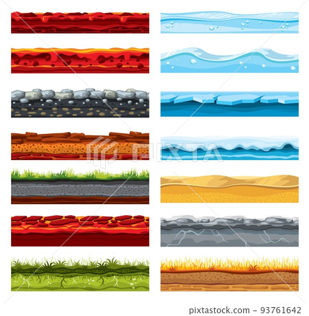Soil ground layer, cartoon game level surface landscape. Game asset. Volcanic lava or magma, stone road, river water wave and ice, desert dunes, dry and green grass 2d game layer vector ground 93761642