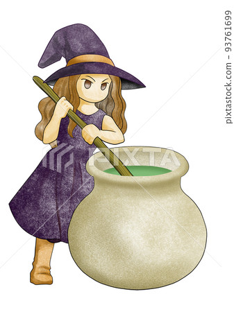 一個在大鍋裡準備藥水的女巫水彩畫 93761699