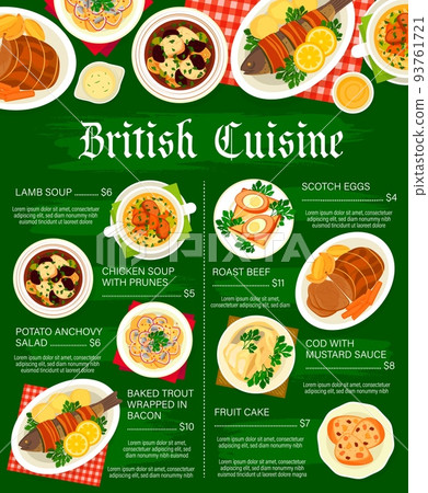 British cuisine menu vector template. Baked trout wrapped in bacon, fruit cake and roast beef, Scotch eggs, lamb soup and cod with mustard sauce, chicken soup with prunes, potato anchovy salad British cuisine menu vector template. Baked trout wrapped in bacon, fruit cake and roast beef, Scotch eggs, lamb soup and cod with mustard sauce, chicken soup with prunes, potato anchovy salad 93761721