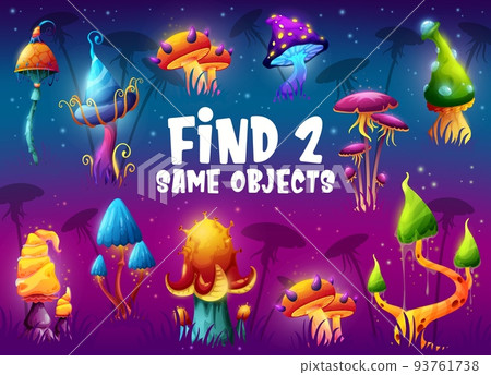 Find two same magic mushrooms. Kids game vector worksheet. Objects compare kids game, preschool children educational quiz or puzzle riddles book magical fluorescent mushrooms, fairy fungi 93761738