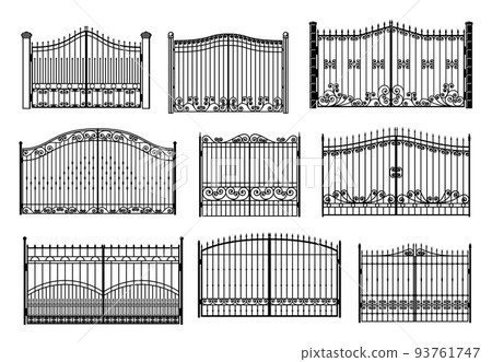 Iron gate and entrance metal fence with steel barriers, vector fencing wall. Metal fence gates or security wall with railing mesh and security spikes of garden park or private territory forged fence Iron gate and entrance metal fence with steel barriers, vector fencing wall. Metal fence gates or security wall with railing mesh and security spikes of garden park or private territory forged fence 93761747