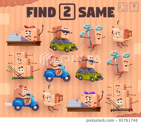 Find two same cartoon package box characters. Educational riddle, kids logical quiz with similarities search task. Children puzzle vector worksheet with delivery parcel cardboard box funny personages 93761748