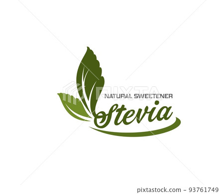 Stevia sweetener leaves icon. Healthy sweetener, natural supplement or healthy food emblem, stevia leaves extract vector label. Stevia product green icon or emblem with handwritten text 93761749