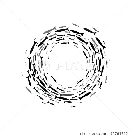 School of fish swimming in circle, group of aquatic tuna swimming in round frame. Vector shoal fish silhouette. Marine border of floating cod animals School of fish swimming in circle, group of aquatic tuna swimming in round frame. Vector shoal fish silhouette. Marine border of floating cod animals 93761762