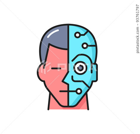 Artificial intelligence, robotic technology outline icon with human and cyborg face. Intelligent machine, humanoid robots and AI innovation thin line vector symbol or icon Artificial intelligence, robotic technology outline icon with human and cyborg face. Intelligent machine, humanoid robots and AI innovation thin line vector symbol or icon 93761797