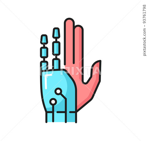 AI innovation or prosthesis future technology outline icon with human hand with robotic fingers. Machine learning, bionic limbs and artificial intelligence innovation thin line vector symbol AI innovation or prosthesis future technology outline icon with human hand with robotic fingers. Machine learning, bionic limbs and artificial intelligence innovation thin line vector symbol 93761798
