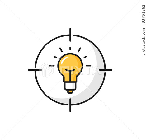 Searching and choosing business ideas color outline icon with light bulb in sight crosshair. Innovation and opportunity, business analysis and solution find thin line vector pictogram or icon 93761862