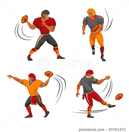 Quarterback, kicker, running back american football player characters. American football league player in helmet and protective gear running on field, passing, kicking and throwing ball 93761872