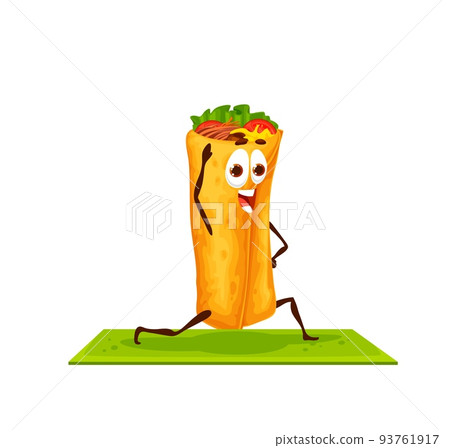 Cartoon mexican burrito character on yoga fitness. Fast food restaurant or cafe meal vector character doing fitness squats. Isolated mexican burrito funny personage standing in yoga pose 93761917