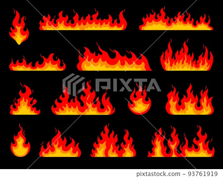 Cartoon fire flames. Bonfire fire. Hell and devil flame, campfire or fireplace fire, wildfire blaze hot red and orange flames frame borders or isolated vector fire dividers set 93761919