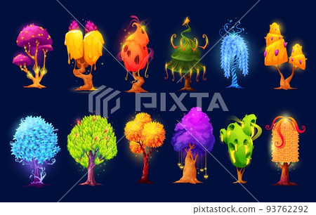 Cartoon fantasy luminous alien trees and plants. Isolated vector magic forest plants with sparkles, colorful glowing crowns, mushrooms and outgrowths. Strange fairytale bush and flowers Cartoon fantasy luminous alien trees and plants. Isolated vector magic forest plants with sparkles, colorful glowing crowns, mushrooms and outgrowths. Strange fairytale bush and flowers 93762292