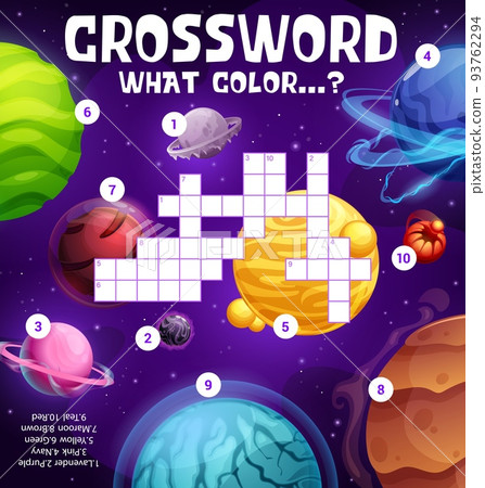 Cartoon alien galaxy space planets vector crossword worksheet. Find a word quiz game or grid puzzle with what color task, fill in square game with green, yellow, pink, red and brown planets and stars Cartoon alien galaxy space planets vector crossword worksheet. Find a word quiz game or grid puzzle with what color task, fill in square game with green, yellow, pink, red and brown planets and stars 93762294