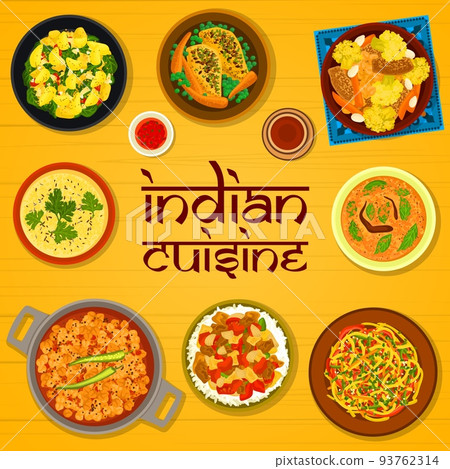 Indian cuisine menu cover design template. Chickpea, red lentil Dal and potato spinach Aloo Palak curry, corn chowder, cabbage salad Sambharo and chicken with vegetables, eggplant curry Baingan Bharta 93762314