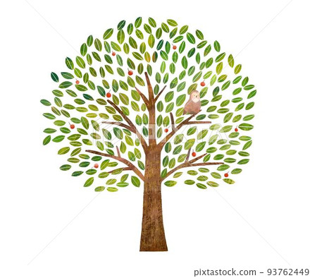 Scandinavian style large tree with hand-drawn red fruits and illustration of owl eco image White background material Scandinavian style large tree with hand-drawn red fruits and illustration of owl eco image White background material 93762449