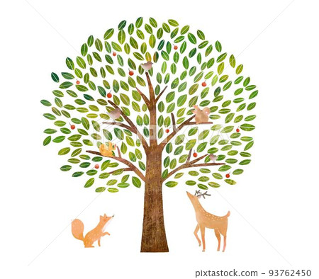 Nordic style big tree with forest animals and hand-drawn red fruits-Illustration of eco image White background material Nordic style big tree with forest animals and hand-drawn red fruits-Illustration of eco image White background material 93762450