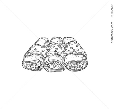 Shawarma, enchilados street food isolated burrito monochrome sketch icon. Vector takeaway food with vegetables, fastfood snack. Shaurma street food, three bread rolls with chicken or beef, tomatoes 93762686
