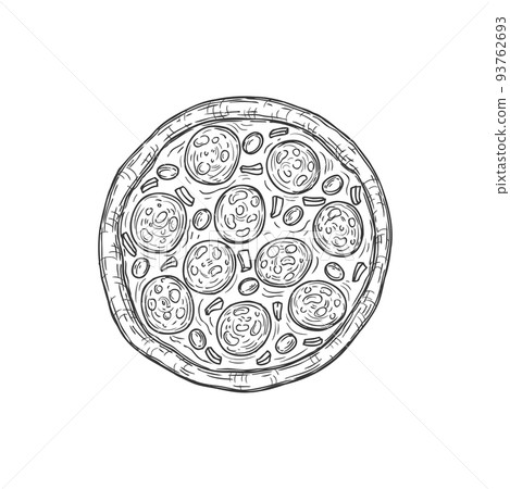 Vector pizza italian baked food with cheese and vegetables isolated monochrome sketch icon. Homemade Italy cuisine dish, bakery product. Pizza with mozzarella cheese, vegetable ingredients and meat 93762693