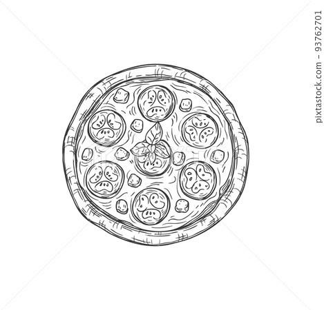 Sicilian pizza focaccia Italy cuisine isolated monochrome icon. Vector italian baked food with cheese and vegetables. Sicily pizza fastfood, focaccia with toppings ketchup, tomato slices, black olives 93762701