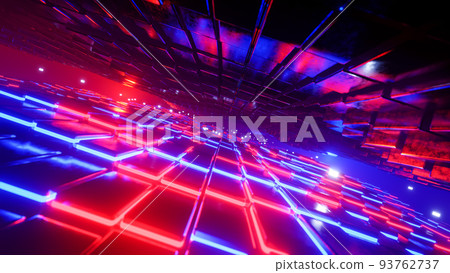 Flying along a corridor of glowing cubes. 3D rendering illustration. 93762737