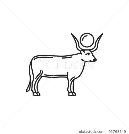Egyptian mythology bull Buchis, ancient Egypt sacred deity or god animal, vector line icon. Ancient Egypt history, religion and culture symbol of Buchis bull or Bakh ox 93762849