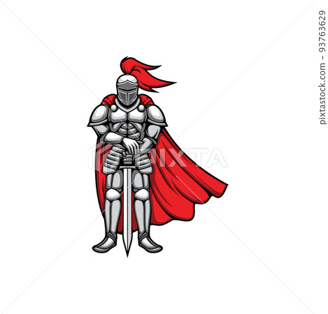 Templar knight in metal helmet and breastplate, sword in crossed hands isolated icon. Vector armored hero, retro fighting soldier in fight battle. Warrior medieval knight in armour metal protection 93763629