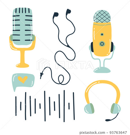Podcast set. Vector illustration. Doodle style. Collection for broadcasting. Microphones and headphones. 93763647