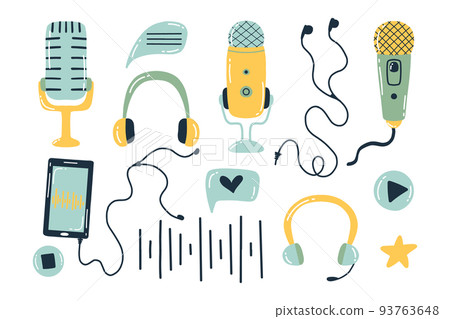 Podcast set. Vector illustration. Doodle style. Collection for broadcasting. Microphones and headphones. Podcast set. Vector illustration. Doodle style. Collection for broadcasting. Microphones and headphones. 93763648