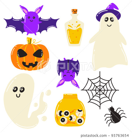 Halloween set. Doodle style. Vector illustration. Terrible collection for Halloween. Ghost, pumpkin, potion, jar with eyes. Halloween set. Doodle style. Vector illustration. Terrible collection for Halloween. Ghost, pumpkin, potion, jar with eyes. 93763654