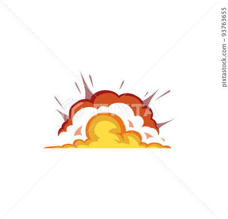 Burst effect, fiery cloud bomb explosion isolated boom flat cartoon sign. Vector fire ignite flame, orange burning blast of radioactive air bomb. Radiation demolition, explode of gas, atomic weapon Burst effect, fiery cloud bomb explosion isolated boom flat cartoon sign. Vector fire ignite flame, orange burning blast of radioactive air bomb. Radiation demolition, explode of gas, atomic weapon 93763655