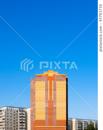 orange house in residential quarter under blue sky 93763739