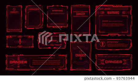 HUD danger zone, warning alert and attention red frames, vector futuristic game interface. HUD and cyber UI dashboard with danger warning boxes, alarm signs and red borders for alert caution message 93763944