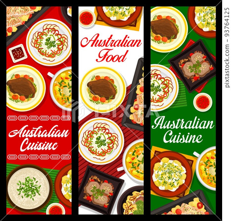 Australian food vector dishes of bbq meat, fish and vegetable meal. Banners with grilled kangaroo and beef steaks, mushroom and bacon soups, fruit salad, beef rolls, potato casserole, barbecue sauce 93764125